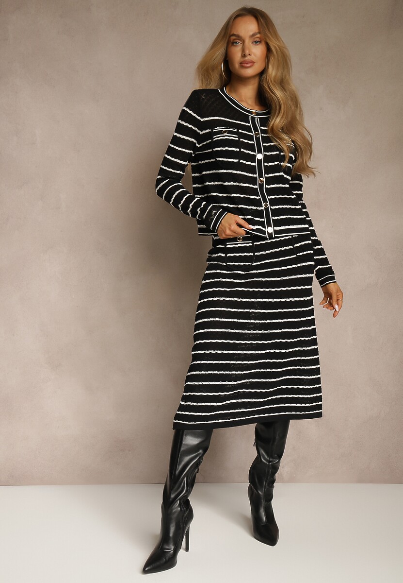 Biały Komplet z Dzianiny z Wiskozą w Prążki Kardigan i Spódnica Sepelisse