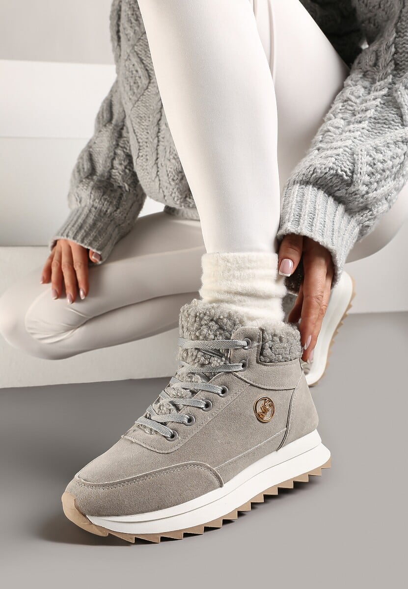 Ciemnobeżowe Zimowe Sneakersy ze Sztucznym Futerkiem Turelia