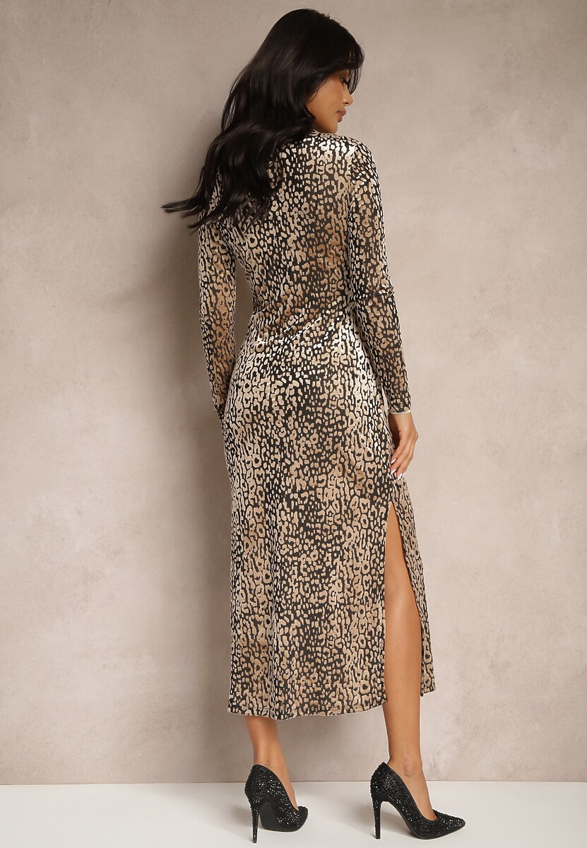 Beżowa Welurowa Sukienka z Wiskozą w Panterkę o Dopasowanym Kroju z Halką i Rozcięciami Velaki