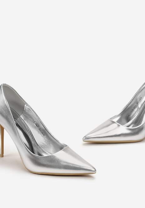 Srebrne Wysokie Szpilki z Gładkiej Imitacji Skóry Venitorre