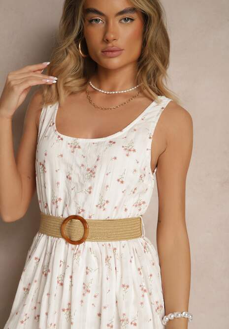 Biała Kwiatowa Sukienka o Rozkloszowanym Kroju z Paskiem z Plecionki Iffonvia