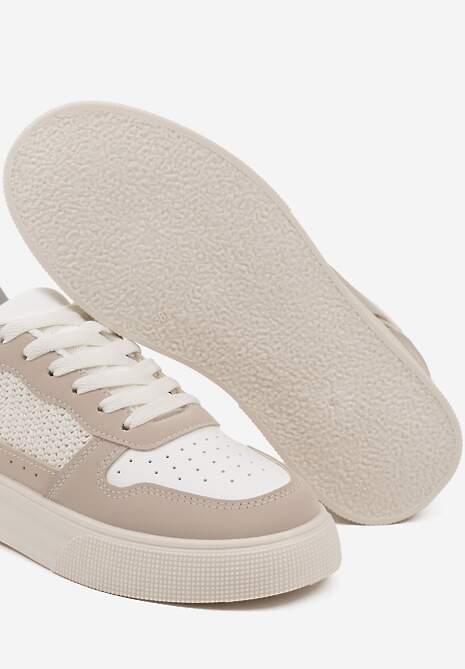 Beżowo-Białe Sneakersy na Platformie Ozdobione Plecionką Perforacją i Brokatem Tulreia