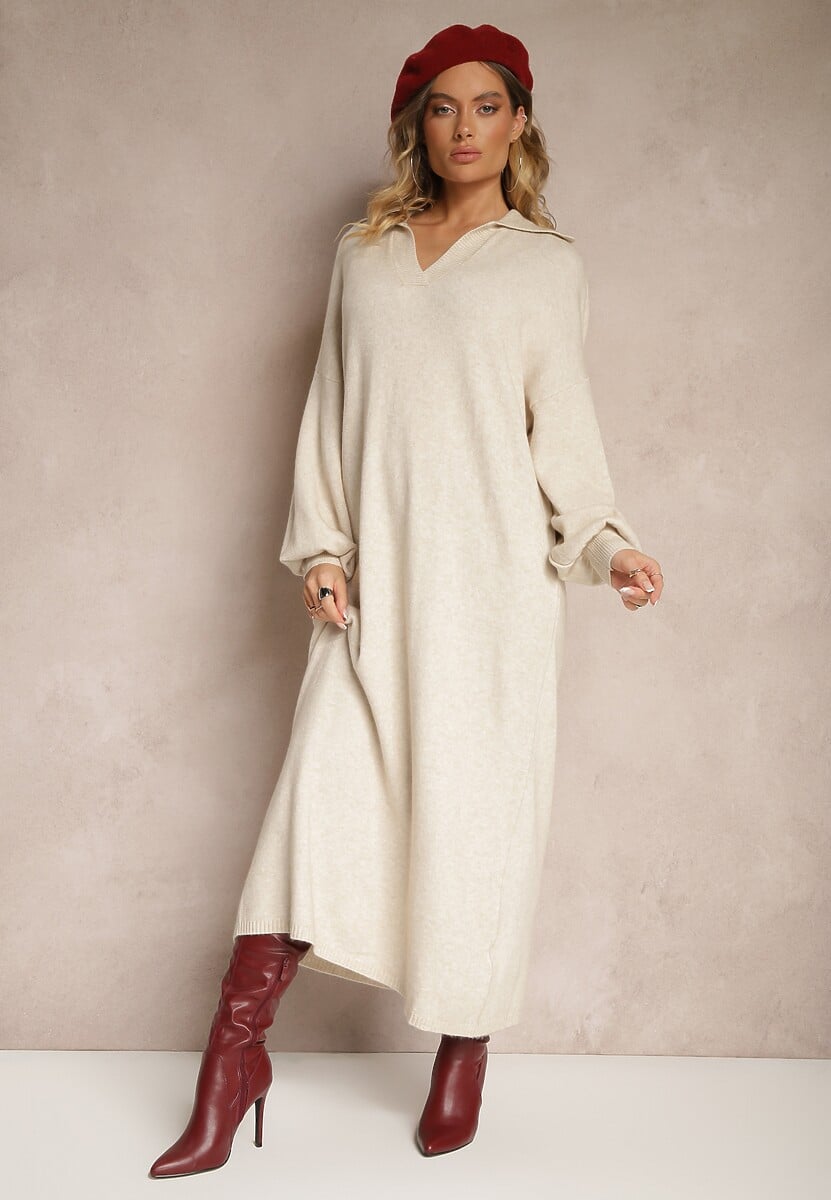 Jasnobeżowa Sweterkowa Sukienka z Wiskozą o Pudełkowym Kroju Ozdobiona Kołnierzykiem Clarinnae