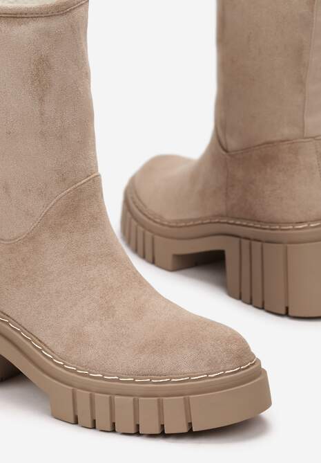 Ciemnobeżowe Botki na Grubej Podeszwie Lymall