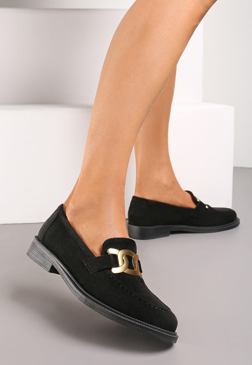 Niebieskie Mokasyny z Metalową Klamrą i Cholewką z Ekozamszu Vatile