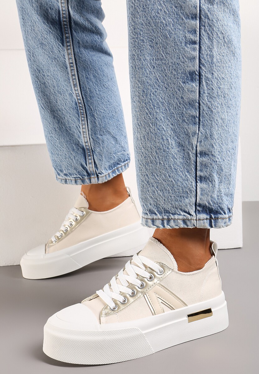 Beżowe Trampki na Grubej Podeszwie Sznurowane Peonema