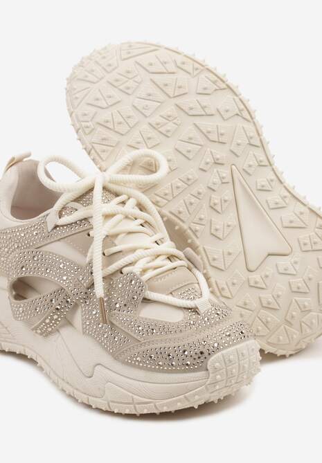 Beżowe Sneakersy z Cyrkoniami i Ozdobnym Sznurowaniem Sorvea