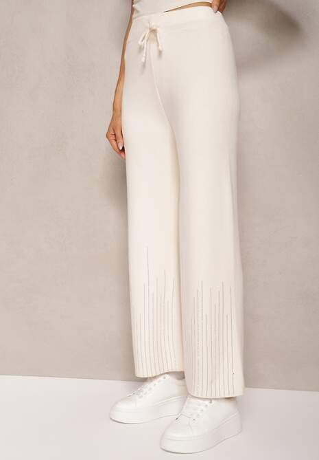 Jasnobeżowe Spodnie o Szerokim Kroju High Waist z Cyrkoniami i Gumką w Pasie Loreitha