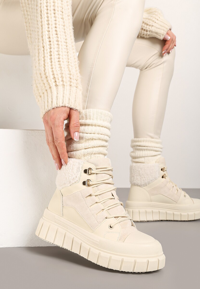 Beżowe Botki na Grubej Podeszwie z Futerkiem Nemda