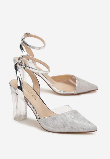Srebrne Brokatowe Sandały na Przezroczystym Słupku ze Sprzączką i Szpiczastym Noskiem Eizreva