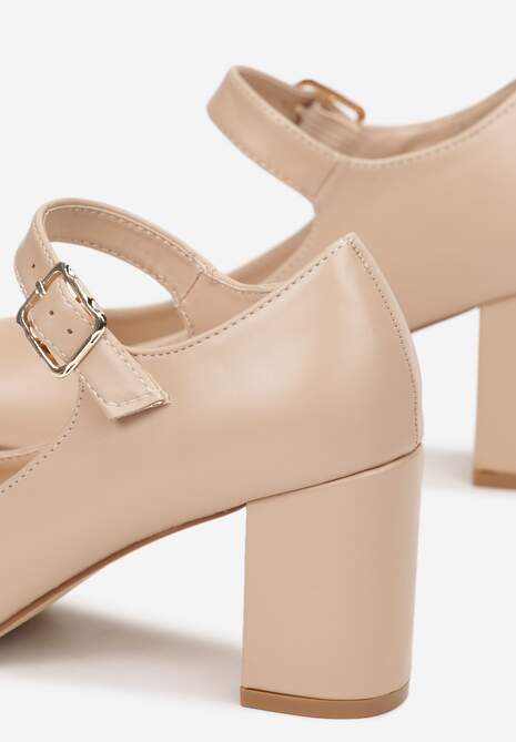 Beżowe Czółenka na Słupku z Paskiem i Migdałowym Noskiem Cornals