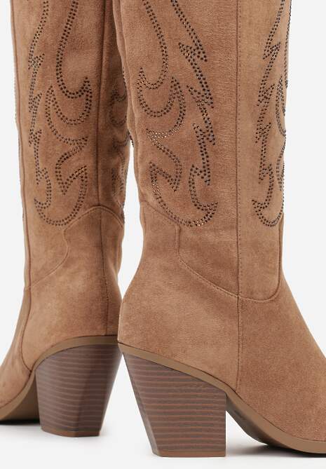 Jasnobrązowe Kozaki Kowbojki na Stożkowym Obcasie Zdobione Cyrkoniami Nalera