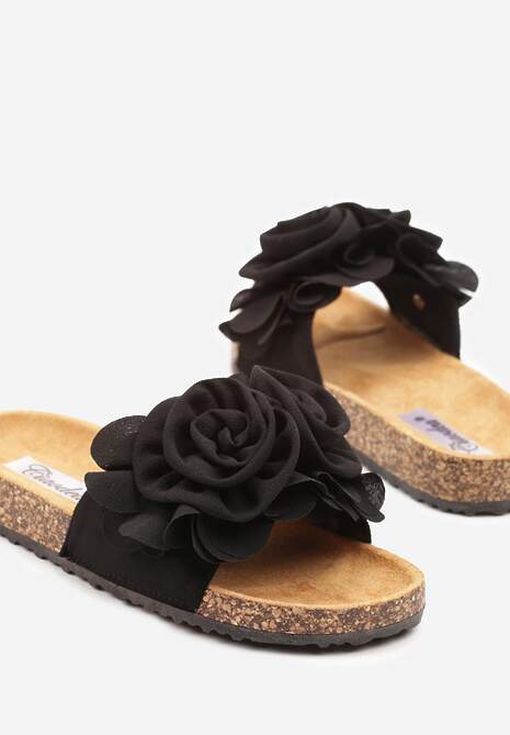 Czarne Klapki na Platformie z Korka Ozdobione Kwiatami 3D Meralira