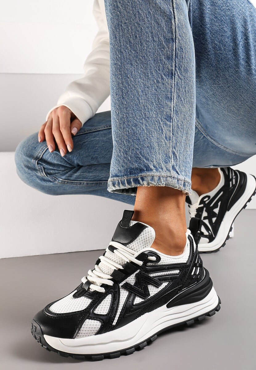 Czarne Sneakersy na Platformie z Wstawkami z Siateczki Epionna