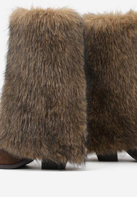 Brązowe Kozaki na Stożkowym Obcasie z Wywiniętą Cholewką z Futerka Tesmira