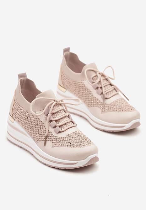 Różowe Sneakersy na Koturnie Ozdobione Metaliczną Aplikacją i Cyrkoniami Fasilna