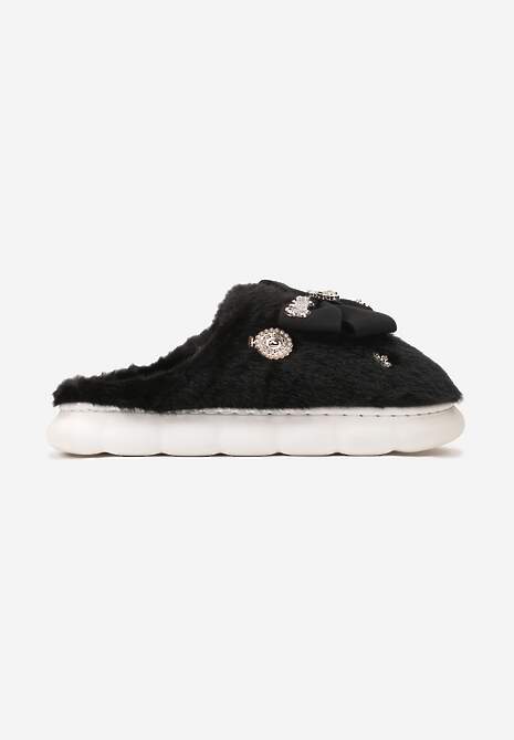 Czarne Kapcie na Płaskiej Podeszwie z Futerkiem Kokardą i Cyrkoniami Mianoria