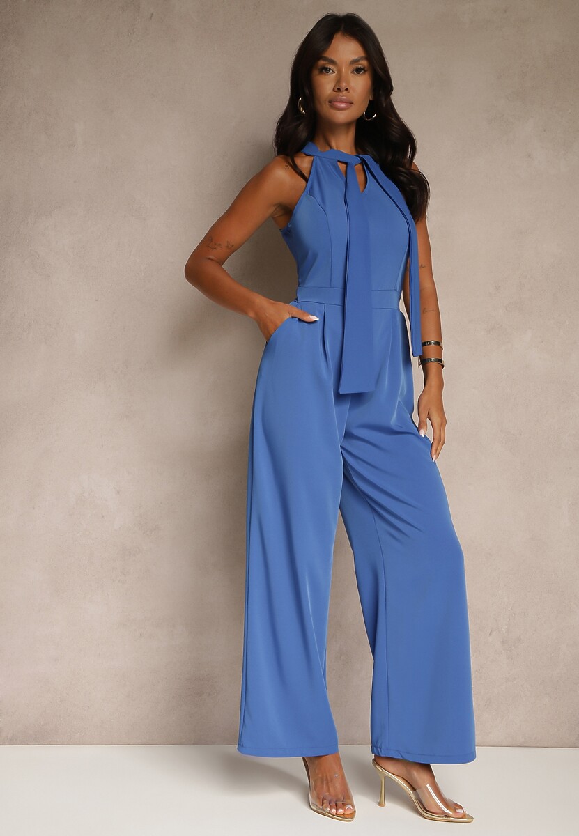 Niebieski Kombinezon Wide Leg z Ozdobnym Wiązaniem przy Szyi Silelia