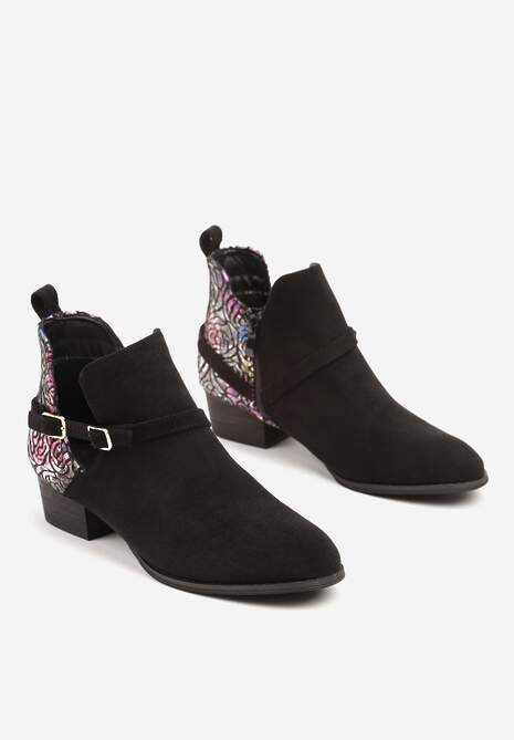 Czarne Botki Vices na Słupku Ozdobione Kwiatami Selianor