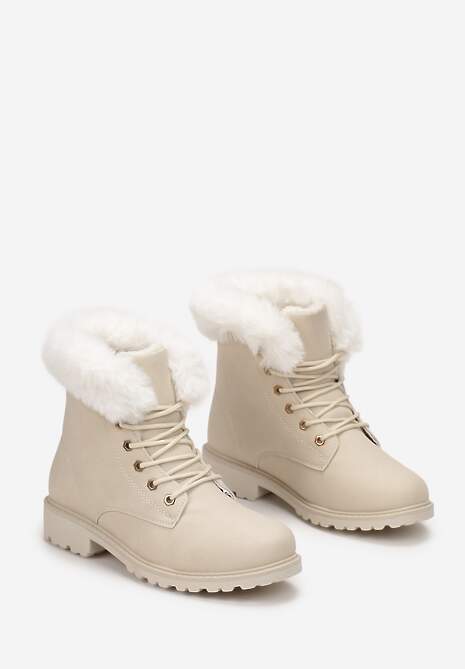 Beżowe Ocieplone Botki Trapery z Futerkiem Wokół Cholewki Atuval