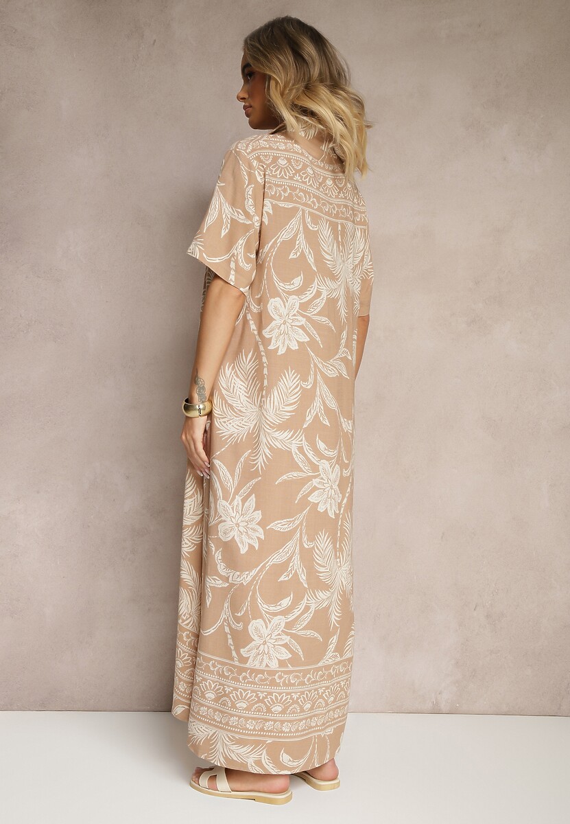 Beżowa Sukienka o Koszulowym Fasonie w Kwiaty z Wiskozy Erathia