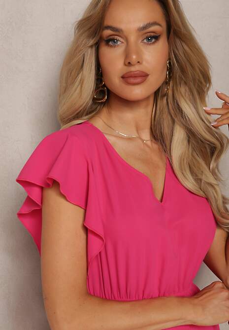 Ciemnoróżowa Rozkloszowana Sukienka z Plisami Maxi z Falbankami przy Ramionach Nethula