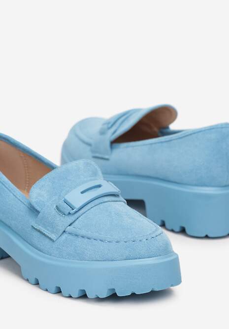 Niebieskie Mokasyny na Grubej Podeszwie z Cholewką z Przeszyciami Hamaira