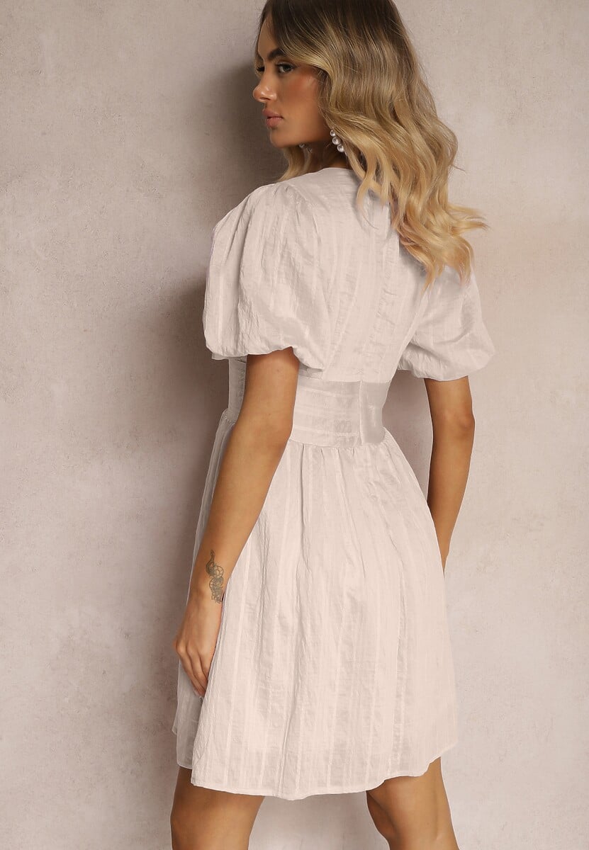 Beżowa Taliowana Sukienka z Dodatkiem Bawełny na Suwak Ozdobiona Bufiastymi Rękawami Malfea