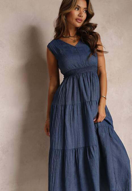 Granatowa Rozkloszowana Sukienka z Falbanką i Wiązaniem na Plecach Rawdyn