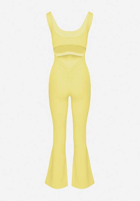 Żółty Kombinezon Taliowany z Wycięciem na Plecach i Usztywnianymi Miseczkami Senimi