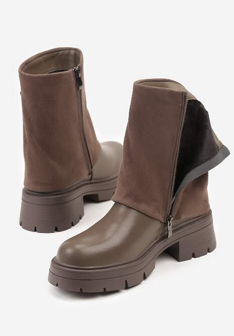 Brązowo-Szare Skórzane Botki Bikery Ozdobione z Wywiniętą Cholewką Klamrami i Suwakiem Adirrive