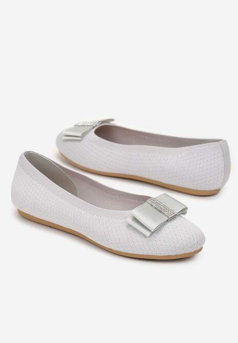 Szare Płaskie Balerinki z Perforacją i Kokardą z Cyrkoniami Tulilla