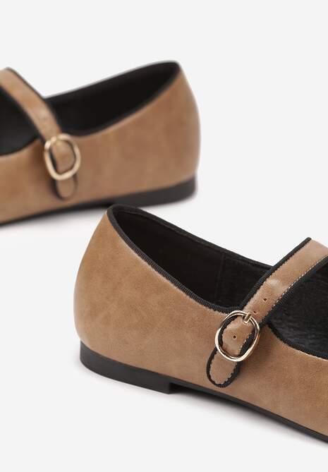 Ciemnobeżowe Balerinki Vices z Wkładką ze Skóry Naturalnej Ozdobione Paskiem Patantie