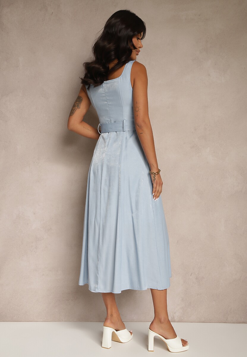 Niebieska Rozkloszowana Sukienka z Paskiem na Ramiączkach Nevio