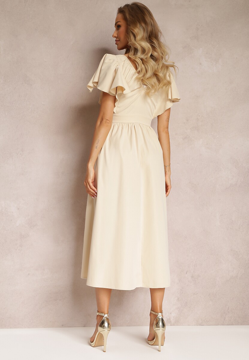 Beżowa Taliowana Sukienka Maxi z Falbanami Giftis