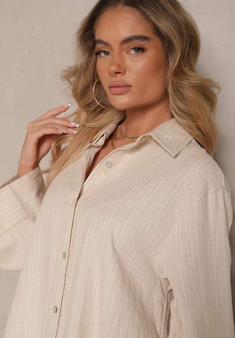 Beżowa Pudełkowa Sukienka z Lnem o Koszulowym Kroju Mirloti