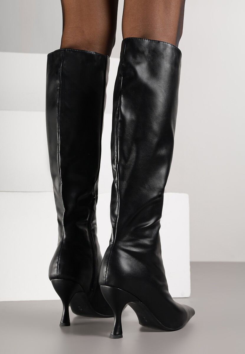 Czarne Marszczone Kozaki Vices na Obcasie Typu Kaczuszka Miomadia