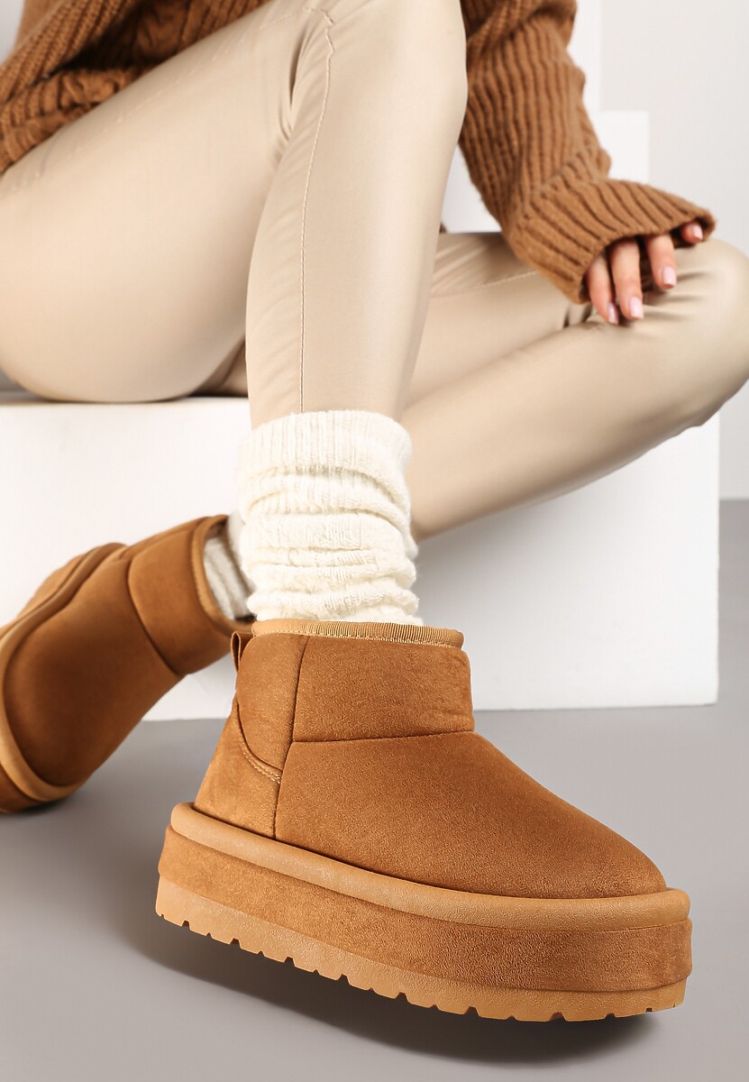 Brązowe Krótkie Śniegowce Wsuwane na Grubej Podeszwie Tinarella