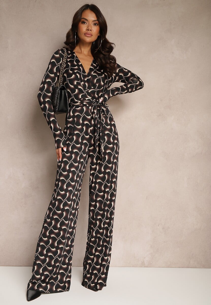 Czarny Kopertowy Kombinezon z Wiskozą z Szerokimi Nogawkami i Paskiem w Geometryczny Wzór Botavia