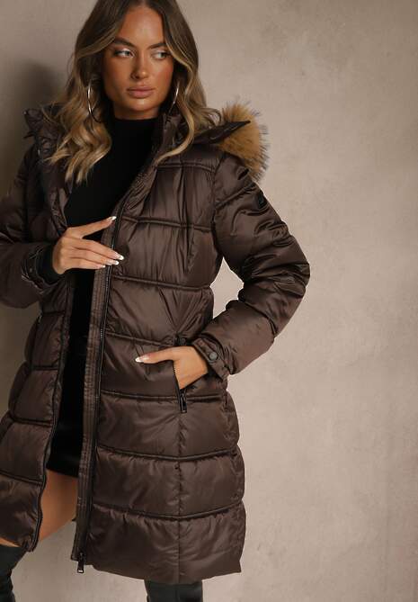 Ciemnobrązowa Pikowana Kurtka o Długim Fasonie z Odpinanym Kapturem z Futerkiem  Fenalda