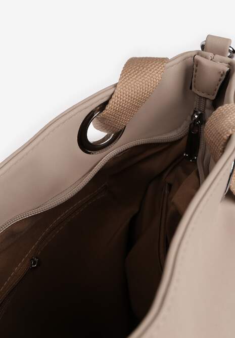 Ciemnobeżowa Duża Torebka na Ramię Ozdobiona Metalową Klamrą z Rączkami i Regulowanym Paskiem Arevia