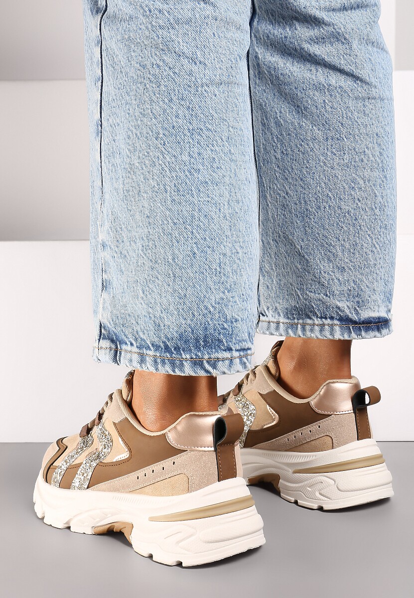 Ciemnobeżowe Sznurowane Sneakersy na Platformie Ozdobione Brokatem Betira