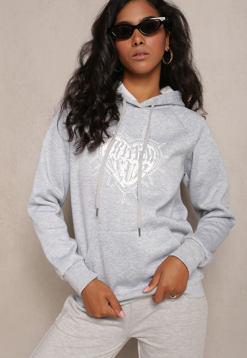 Jasnoszara Klasyczna Bluza z Nadrukiem na Przodzie i Kapturem Inalle