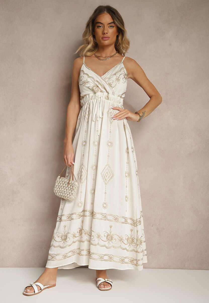 Biała Wiskozowa Sukienka o Rozkloszowanym Kroju na Ramiączkach z Haftem Uloranelia