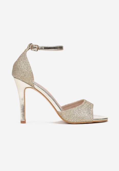 Złote Brokatowe Sandały Vices na Szpilce z Okrągłym Noskiem Katoria