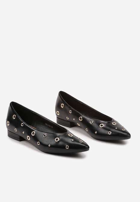 Czarne Balerinki na Płaskiej Podeszwie Ozdobione Metalicznymi Kółeczkami Erisellea