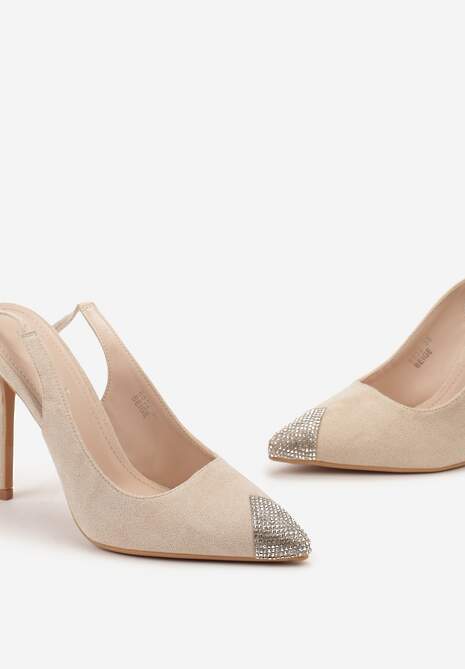 Beżowe Sandały z Noskiem Ozdobionym Cyrkoniami i Wiązaniem wokół Łydki na Szpilce Hlienoma