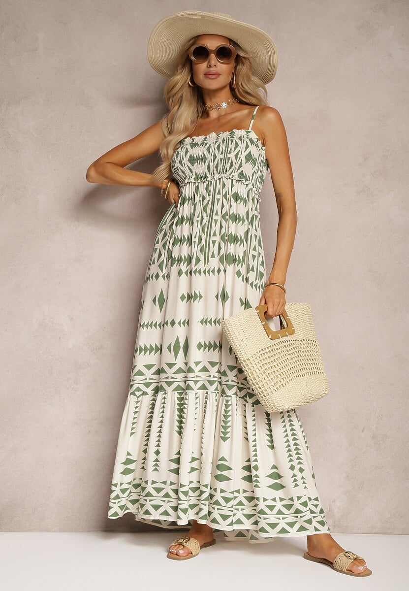 Beżowo-Zielona Sukienka z Wiskozy na Ramiączkach z Regulacją z Falbanką i Marszczeniem Nivalea