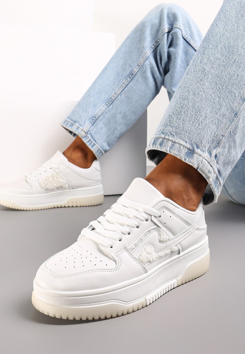 Czarno-Białe Sneakersy z Imitacji Skóry ze Wstawkami z Futerka Vaelisa