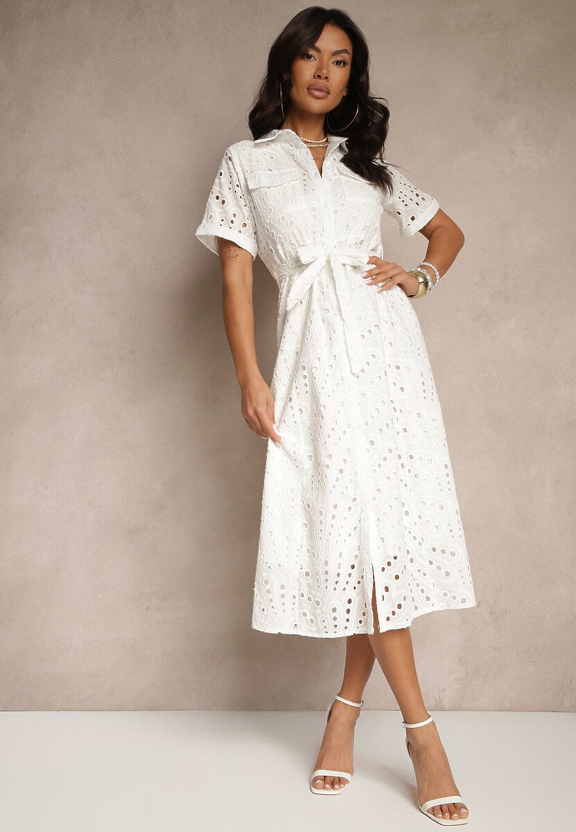 Beżowa Ażurowa Sukienka Koszulowa Ozdobiona Paskiem Rinailia